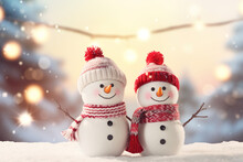 Winter Holiday Christmas Background Banner - Closeup Of Two Cute Funny Laughing Snowmen Couple With Wool Hat And Scarf, On Snowy Snow Snowscape With Bokeh Lights, Sun | Generative AI