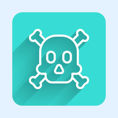 Poster - White line Bones and skull as a sign of toxicity warning icon isolated with long shadow background. Green square button. Vector