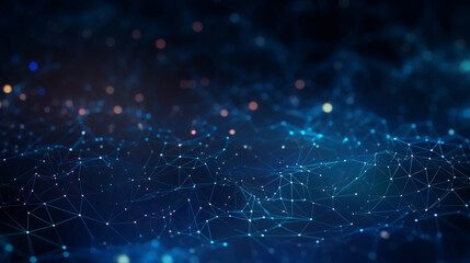 Wall Mural - blue abstract background with a network grid and particles connected as technology computer data gra