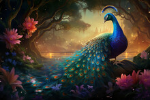 A Beautiful Colorful Peacock Bird In A Fantasy Enchanted Forest, Gnerative Ai