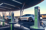 Fototapeta  - modern electric car at standalone electric vehicle charging station, generative ai