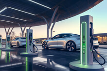 Modern Electric Car At Standalone Electric Vehicle Charging Station, Generative Ai