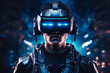 portrait of a futuristic soldier wearing a VR headset, modern future warfare, generative ai