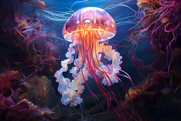 Wall Mural - radioactive jellyfish in a sea of liquid methane, extraterrestrial life forms, generative ai
