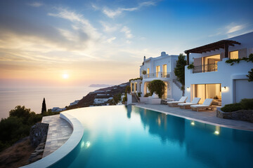 Wall Mural - luxury white villa next to the sea at summer with swimming pool in resort, generative ai