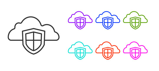 Sticker - Black line Cloud and shield icon isolated on white background. Cloud storage data protection. Security, safety, protection, privacy concept. Set icons colorful. Vector