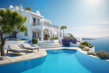 Wall Mural - luxury white villa next to the sea at summer with swimming pool in resort, generative ai