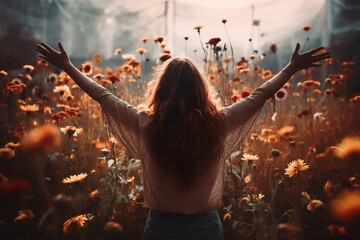 Wall Mural - Woman with arms raised in front of beautiful flowers background, generative, ai