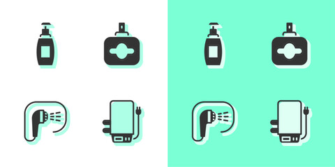 Canvas Print - Set Electric boiler, Bottle of liquid soap, Shower and Perfume icon. Vector