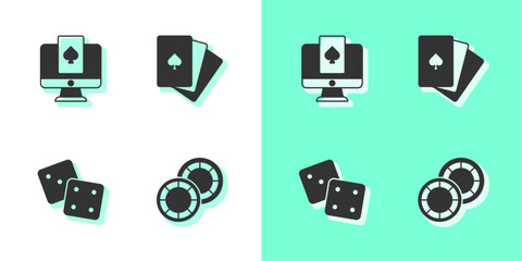 Sticker - Set Casino chips, Online poker table game, Game dice and Deck of playing cards icon. Vector