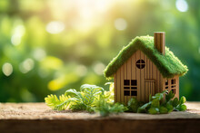 Green And Environmentally Friendly Housing Concept, Nature Forest Background - Miniature Wooden House Home In Grass, Moss And Ferns, Illuminated By The Sun, Sunshine, Eco House | Generative AI