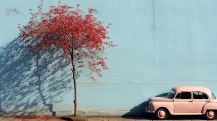 Sticker - A pink car parked next to a tree with red leaves. Generative AI image.