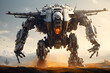 © JewJew - huge mechnic robot standing,aircraft flying behind,daylight.GenerativeAI.
