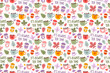 Autumn cartoon seamless pattern with cute  kawaii cups and mugs. Cup of tea and cup of coffee with chestnut leaf. It's always tea time