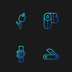 Sticker - Set line Swiss army knife, Wrist watch, Marshmallow on stick and Paper towel roll. Gradient color icons. Vector