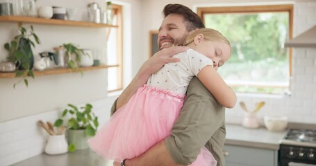 Poster - Happy, love and parent hug child or bonding in a kitchen together, excited and embrace enjoy family quality time. Tutu, princess and father or dad in a home with girl or kid as care and support