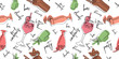 © taniKoArt - Seamless pattern with delicious cocktails and drinks with lettering for fabric, drawing labels, print on t-shirt, wallpaper of children's room, fruit background.