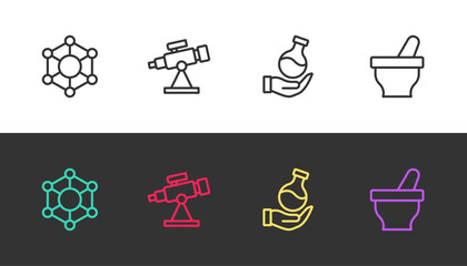 Sticker - Set line Molecule, Telescope, Test tube and Mortar and pestle on black and white. Vector