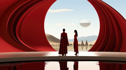 A couple of people standing in front of a red object. Generative AI image.