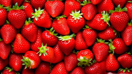 Sticker - Background top view of bright juicy strawberries with leaves.Generative AI