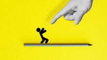 Depressed Panic Man Fears Of Giant Pointing Finger Blame Him For Mistake. Bullying And Abusing