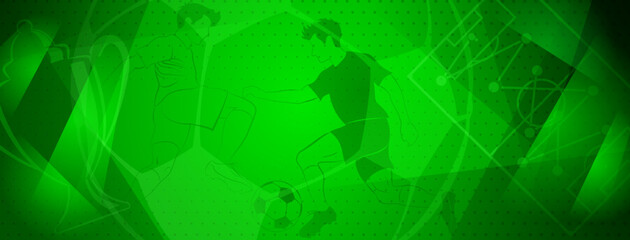 Abstract soccer background with a football players kicking the ball and other sport symbols in green colors