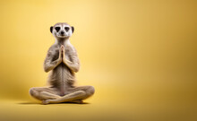 Calm Looking Cute Meerkat Or Suricate Mongoose, Sitting On Ground In Lotus Like Position. Zen Meditation Concept, Banner With Copy Space At Side. Generative AI