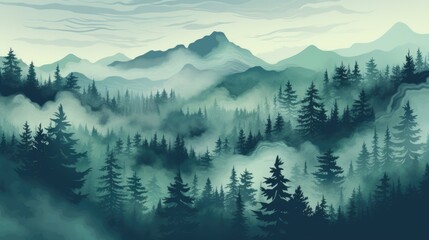 Wall Mural - A painting of a mountain range with trees in the foreground. Generative AI image.