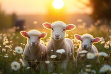 Cute Little Lambs With Sheep On Fresh Green Meadow During Sunrise Newborn Lambs In Flower Field, Cute Summer Landscape | Generative AI