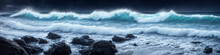Night Panorama Of Ocean Waves Crashing On A Rocky Shore And Big Stones In The Foreground In The Water. Seascape Illustration. Generative AI