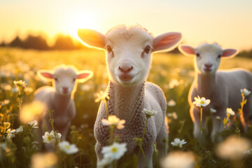 Wall Mural - cute little lambs with sheep on fresh green meadow during sunrise Newborn lambs in flower field, cute summer landscape | Generative AI