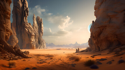 image of an desert with rocks in the background, in the style of sci-fi landscapes - Generative AI
