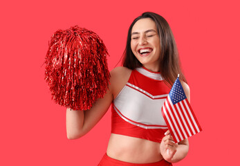 Poster - Female cheerleader with USA flag on red background