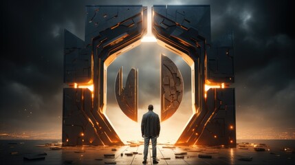 Wall Mural - a man standing in front of a futuristic structure. generative ai image.