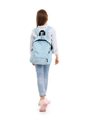 Little girl with schoolbag on white background, back view