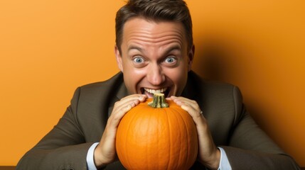 Canvas Print - A man in a suit holding a pumpkin in front of his face. Generative AI image.