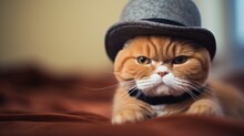  A Ginger Cat Posing With A Hat, Captured With A Portrait Lens. Generative AI