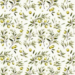 Pattern of olives and leaves on a white background. Watercolor botanical illustration. Nature. Green colors. Design for packaging, fabric, wallpapers, posters. Seamless floral pattern