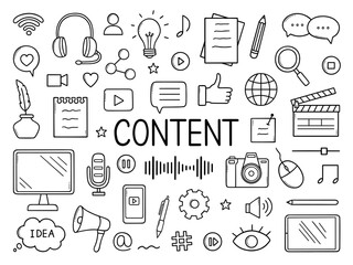 Content marketing doodle set. Digital marketing, content creator, blogging and social media in sketch style. Hand drawn vector illustration isolated on white background