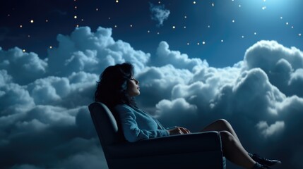 Poster - A woman sitting in a chair looking at the sky. Generative AI image.