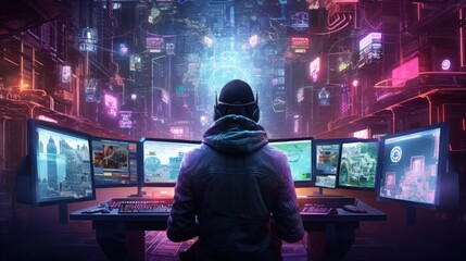 Wall Mural - Depict a skilled cyberpunk hacker in a futuristic setting, surrounded by holographic interfaces, intricate code, and virtual reality elements