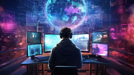 Wall Mural - Depict a skilled cyberpunk hacker in a futuristic setting, surrounded by holographic interfaces, intricate code, and virtual reality elements