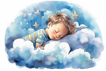 illustration of a small child sleeping on a cloud. AI generated