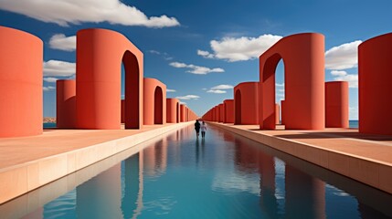 Wall Mural - a man is walking along a long pool of water. generative ai image.