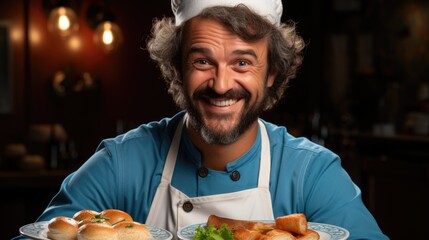 A man in a chef's hat holding two plates of food. Generative AI image.