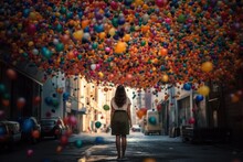 Surreal Image Of Loneliness Man In An Abandoned And Empty World With Balloons.rejection Of Social Problems. Generative Ai,
