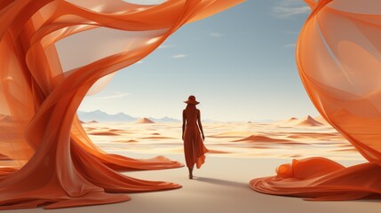 Canvas Print - A person standing in a desert with orange fabric. Generative AI image.