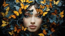 A Woman With Butterflies In Her Hair. Generative AI Image.