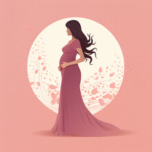 Illustration Of A Pregnant Woman With Long Flowing Hairs On Pastel Pink Background 