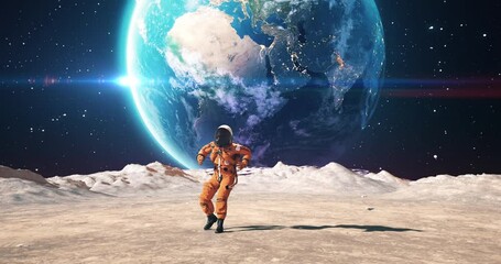Wall Mural - young male astronaut on the surface of an alien planet. planet earth is visible in sky. celebrating 